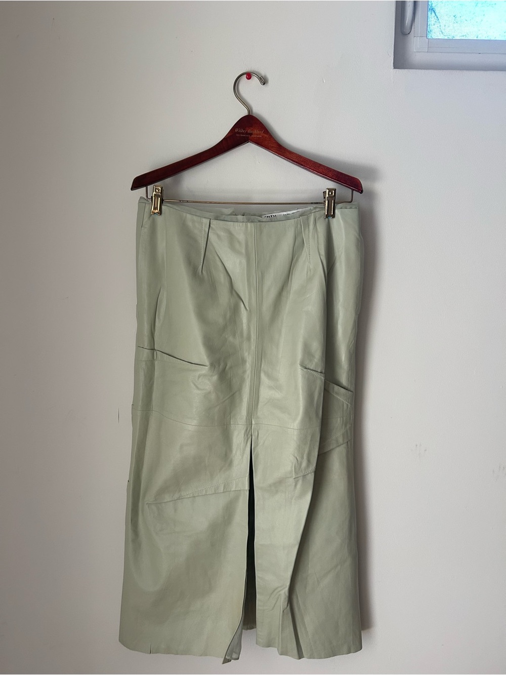 Zara Light Sage Green Leather Midi Skirt